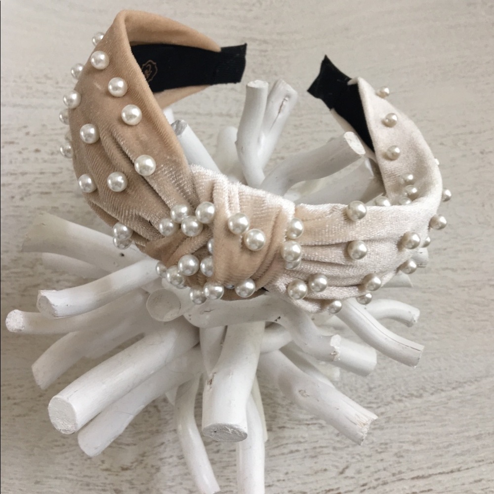 Cream Faux Pearl Velvet Knotted Headband
